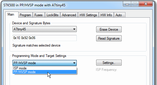 Choosing PP/HVSP mode in AVR Studio