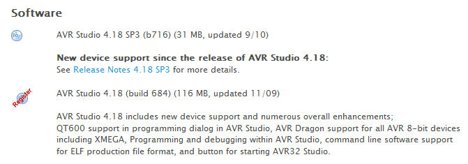 Download section for AVR Studio