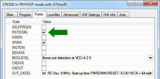 RSTDISBL checkbox to gain control over reset pin