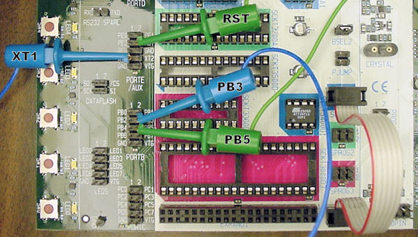 STK500 hooked up for programming an 8-pin microcontroller.