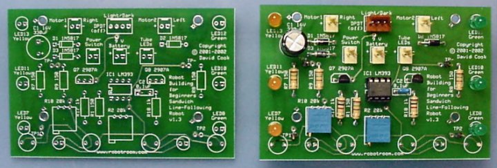 Sandwich robot printed circuit board with and without electronic parts.