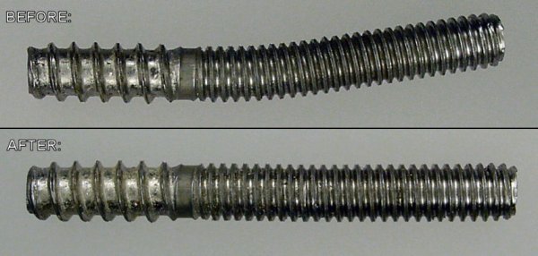 Top: Bent screw. Bottom: Straightened screw.