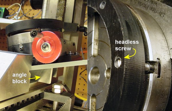 Left: A rotary table in a milling vise tilted to 15 degrees by an angle block. Right: Headless screws stay out of the way of the end mill.