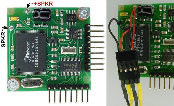 Devantech SP03 speech module with speaker holes labeled.