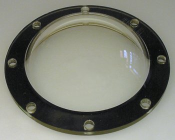 Finished clear acrylic plastic dome with eight bolt holes.