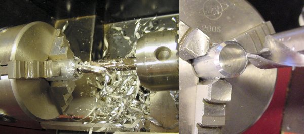Drilling a progressively larger hole in a rod on a lathe.