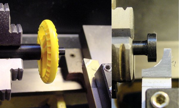 A wheel axle pin of Delrin plastic machined on a lathe.