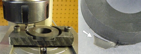 Left: Machining the outside of the speaker mounts. Right: Removing the thin connecting plastic or flash.