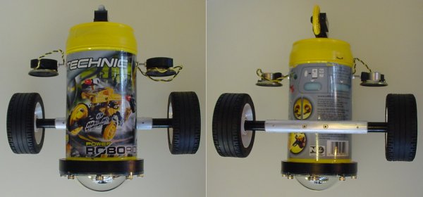 Photos above and below the robot showing the wide stance created by mounting motors end-to-end in an aluminum rod.