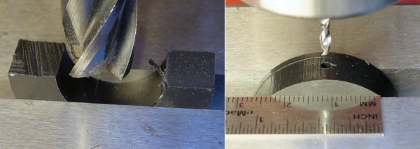 Left: Milling the ends of a semi-circle flat. Right: Drilling the mounting screw hole using a metal ruler for positioning.