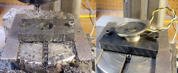 The speaker hole milled on a rotary table and test fit against the actual speaker.