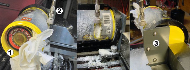 Stuffing a plastic canister with paper towels and grinding the sides.
