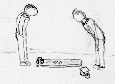Two poorly-drawn contestants bowing to each other at the start of a match