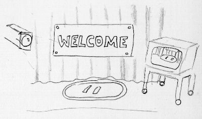 A sign, Sumo ring, video camera, and closed-circuit monitor