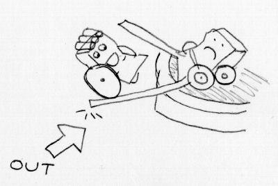 A robot winning a round by landing on the other robot&rsquo;s scoop or whisker