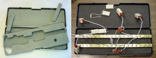 Caliper box reused with brass strips for load testing.