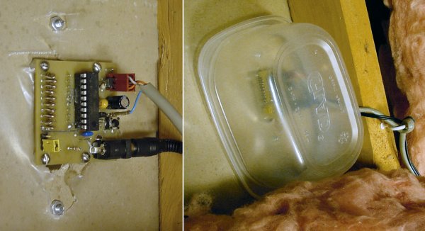 Left: The motherboard is mounted to the wall after marking and drilling holes. Right: The cables are wrapped around a hook to prevent the board from being pulled off the wall.