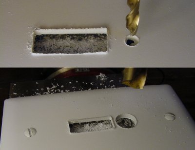 Drilling the light sensor hole in the custom wall plate by starting with a smaller drill and working up to the final size.