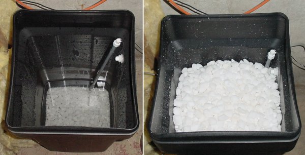 Left: Empty brine tank with standing water. Right: Tank full with salt.